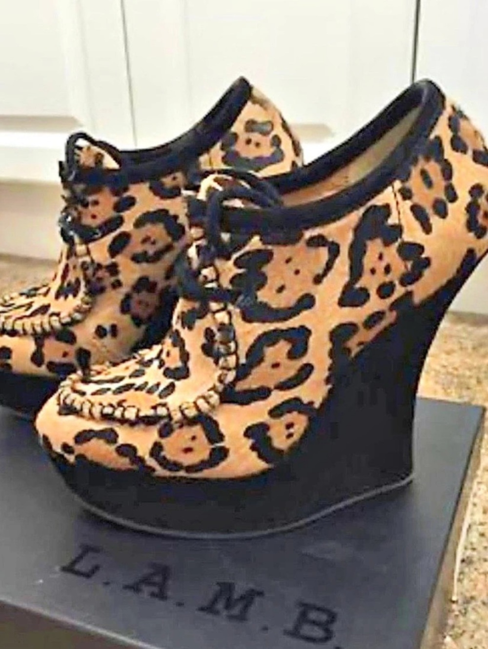 L.A.M.B. Leopard Print Calf Hair Platform Wedge Booties.
